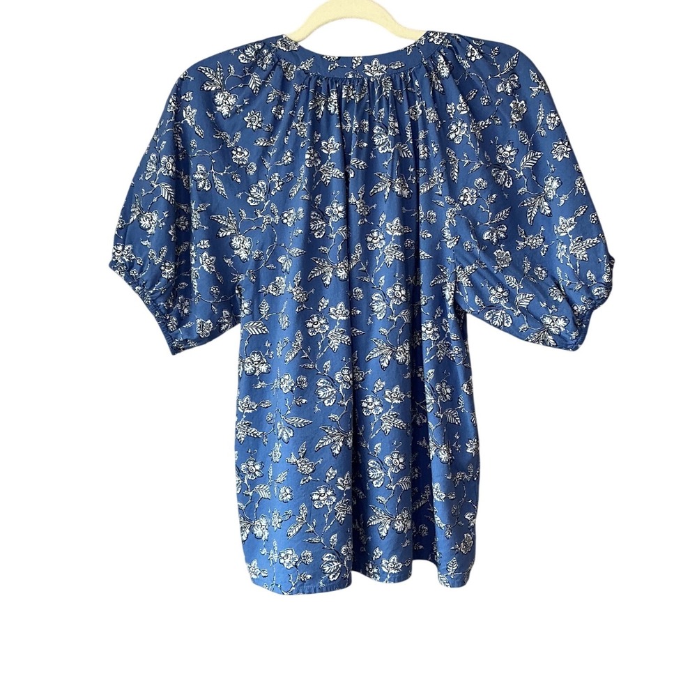 LOFT Blue Floral Cotton Rayon Tie Neck Puff Short Sleeve Peasant Blouse Medium - Picture 2 of 9